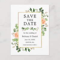 Waterverf Greenery Peach Floral Save the Date