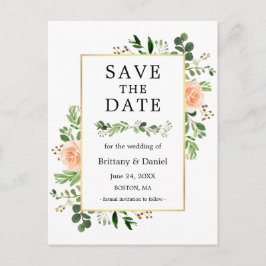 Waterverf Greenery Peach Floral Save the Date Briefkaart