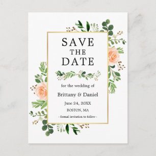 Waterverf Greenery Peach Floral Save the Date Briefkaart