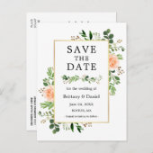 Waterverf Greenery Peach Floral Save the Date Briefkaart (Voorkant / Achterkant)