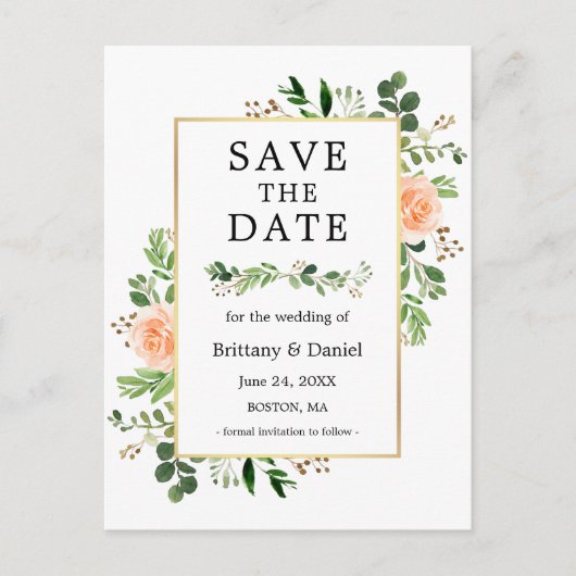 Waterverf Greenery Peach Floral Save the Date Briefkaart (Voorkant)