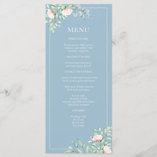 Waterverf Greenery Peach Rozen Dusty Blue Wedding Menu (Voorkant)
