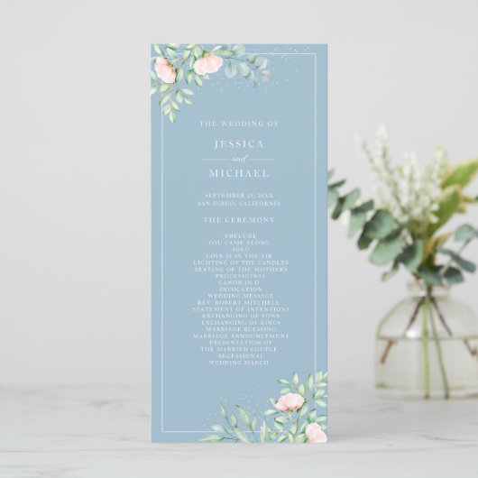 Waterverf Greenery Peach Rozen Dusty Blue Wedding Programmakaart (Staand voorkant)