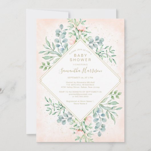 Waterverf Greenery Peach Rozen Floral Baby shower Kaart (Voorkant)