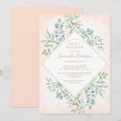 Waterverf Greenery Peach Rozen Floral Baby shower Kaart (Voorkant / Achterkant)