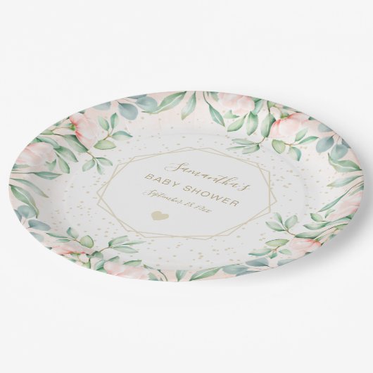 Waterverf Greenery Peach Rozen Floral Baby shower Papieren Bordje (Gekanteld)