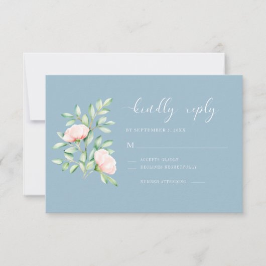 Waterverf Greenery Peach Rozen Floral Dusty Blue RSVP Kaartje (Voorkant)