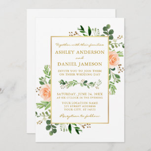 Waterverf Greenery Peach Rozen Foto Gold Wedding Kaart