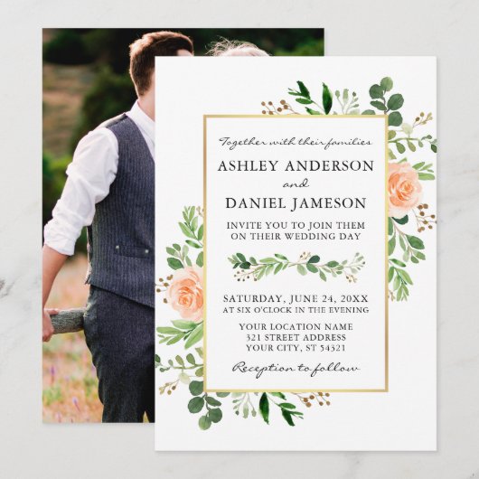 Waterverf Greenery Peach Rozen Foto Terug Trouwen Kaart (Voorkant / Achterkant)