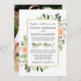 Waterverf Greenery Peach Rozen Foto Terug Trouwen Kaart