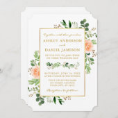 Waterverf Greenery Peach Rozen Gold Wedding Kaart (Voorkant / Achterkant)