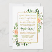 Waterverf Greenery Peach Rozen Wedding Gold Kaart (Voorkant)