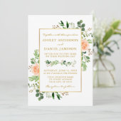 Waterverf Greenery Peach Rozen Wedding Gold Kaart (Staand voorkant)