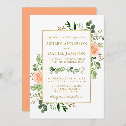 Waterverf Greenery Peach Rozen Wedding Gold Kaart (Voorkant / Achterkant)