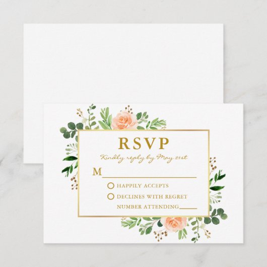 Waterverf Greenery Peach Rozen Wedding Gold RSVP Kaartje (Voorkant / Achterkant)