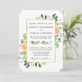 Waterverf Greenery Peach Rozen Wedding Kaart (Staand voorkant)
