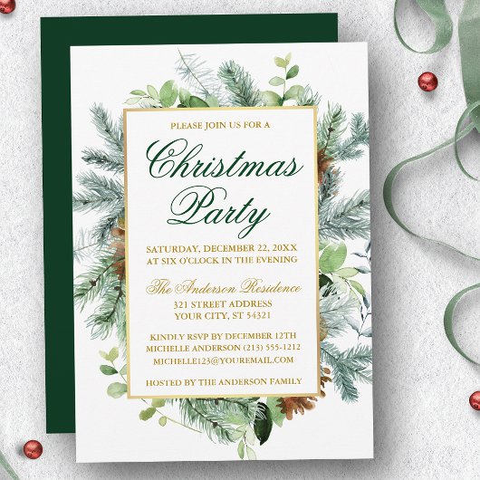 Waterverf Greenery Pine kerstparty Gold Kaart