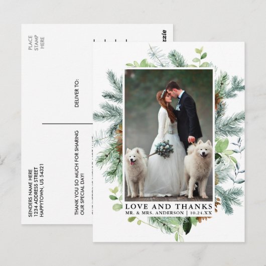 Waterverf Greenery Pine Love and Bedankt Wedding Briefkaart (Voorkant / Achterkant)
