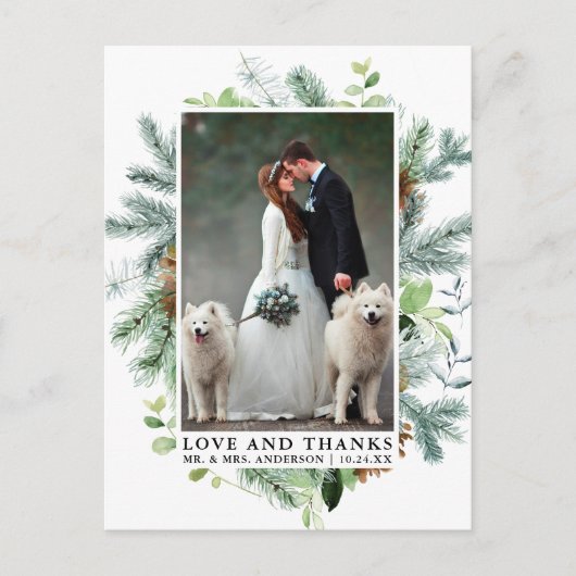 Waterverf Greenery Pine Love and Bedankt Wedding Briefkaart (Voorkant)