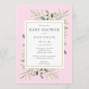 Waterverf Greenery Pink Baby Girl Shower Kaart