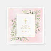 Waterverf Greenery Pink Baptism Christening Servet (Voorkant)