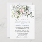 Waterverf Greenery Pink Dusty Blue Photo Weddensch Kaart (Voorkant)
