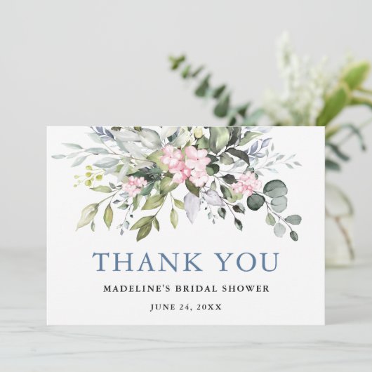 Waterverf Greenery Pink Dusty Blue Vrijgezellenfee Bedankkaart (Staand voorkant)