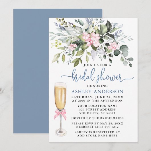 Waterverf Greenery Pink Dusty Blue Vrijgezellenfee Kaart (Voorkant / Achterkant)