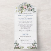 Waterverf Greenery Pink Dusty Blue Wedding All In One Uitnodiging (Binnen)