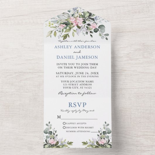 Waterverf Greenery Pink Dusty Blue Wedding All In One Uitnodiging (Binnen)