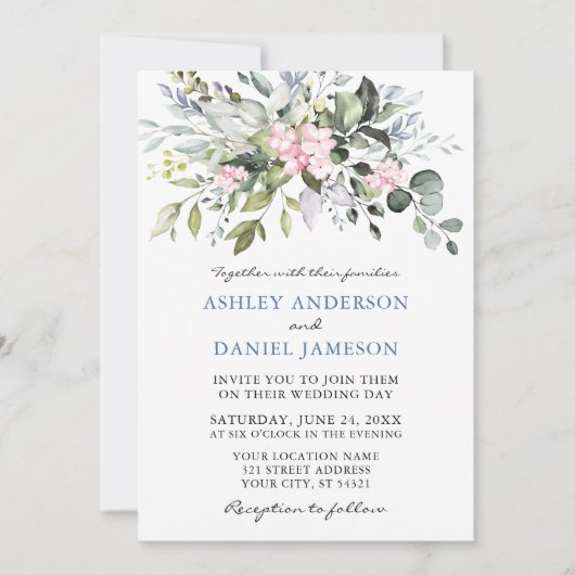 Waterverf Greenery Pink Dusty Blue Wedding Kaart (Voorkant)