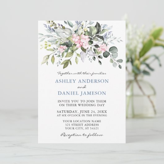Waterverf Greenery Pink Dusty Blue Wedding Kaart (Staand voorkant)