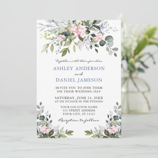 Waterverf Greenery Pink Dusty Blue Wedding Kaart (Staand voorkant)