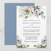 Waterverf Greenery Pink Dusty Blue Wedding Kaart (Voorkant / Achterkant)