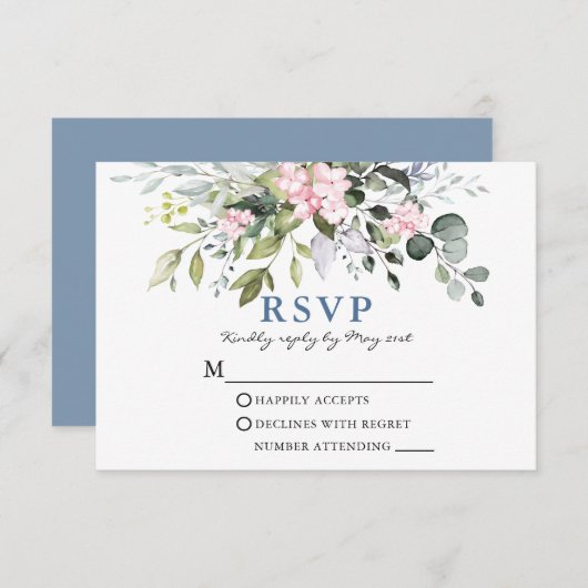 Waterverf Greenery Pink Dusty Blue Wedding RSVP Kaartje (Voorkant / Achterkant)