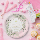 Waterverf Greenery Pink First Heilige Communie Papieren Bordje (Feest)