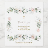 Waterverf Greenery Pink Floral Gold Baptisme Wijn Etiket (Enkel label)