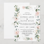 Waterverf Greenery Pink Floral Gold Wedding Kaart (Voorkant / Achterkant)