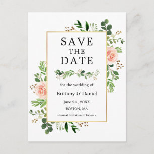 Waterverf Greenery Pink Floral Save the Date Briefkaart