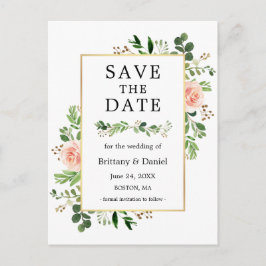 Waterverf Greenery Pink Floral Save the Date Briefkaart