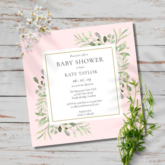 Waterverf Greenery Pink Girl Baby shower Kaart