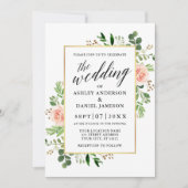 Waterverf Greenery Pink Roses Calligraphy Wedding Kaart (Voorkant)