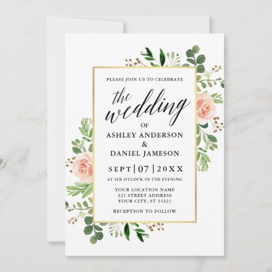 Waterverf Greenery Pink Roses Calligraphy Wedding Kaart (Voorkant)