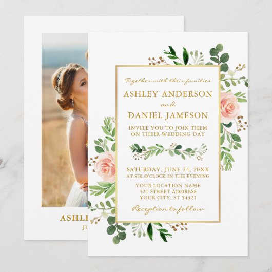 Waterverf Greenery Pink Roses Foto Gold Wedding Kaart (Voorkant / Achterkant)