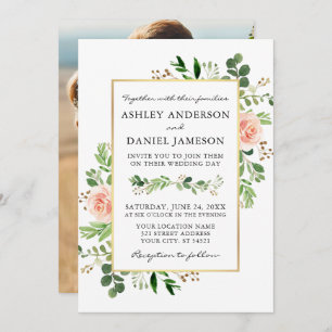 Waterverf Greenery Pink Roses Foto Ruwelijk Kaart