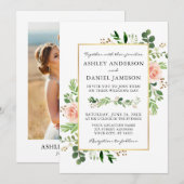 Waterverf Greenery Pink Roses Gold Photo Wedding Kaart (Voorkant / Achterkant)