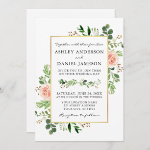 Waterverf Greenery Pink Roses Gold Photo Wedding Kaart