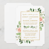 Waterverf Greenery Pink Roses Gold Wedding Kaart (Voorkant / Achterkant)