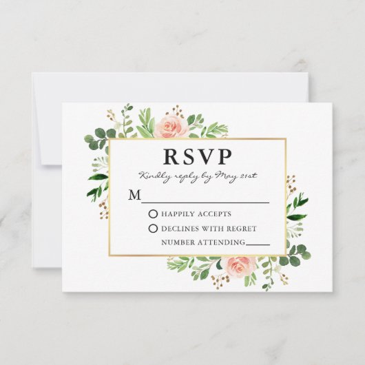 Waterverf Greenery Pink Roses Gold Wedding RSVP Kaartje (Voorkant)