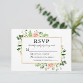 Waterverf Greenery Pink Roses Gold Wedding RSVP Kaartje (Staand voorkant)